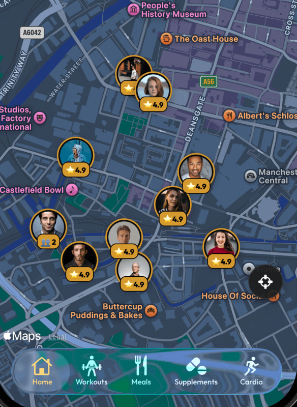Fitemy app map showing nearby personal trainers in Manchester