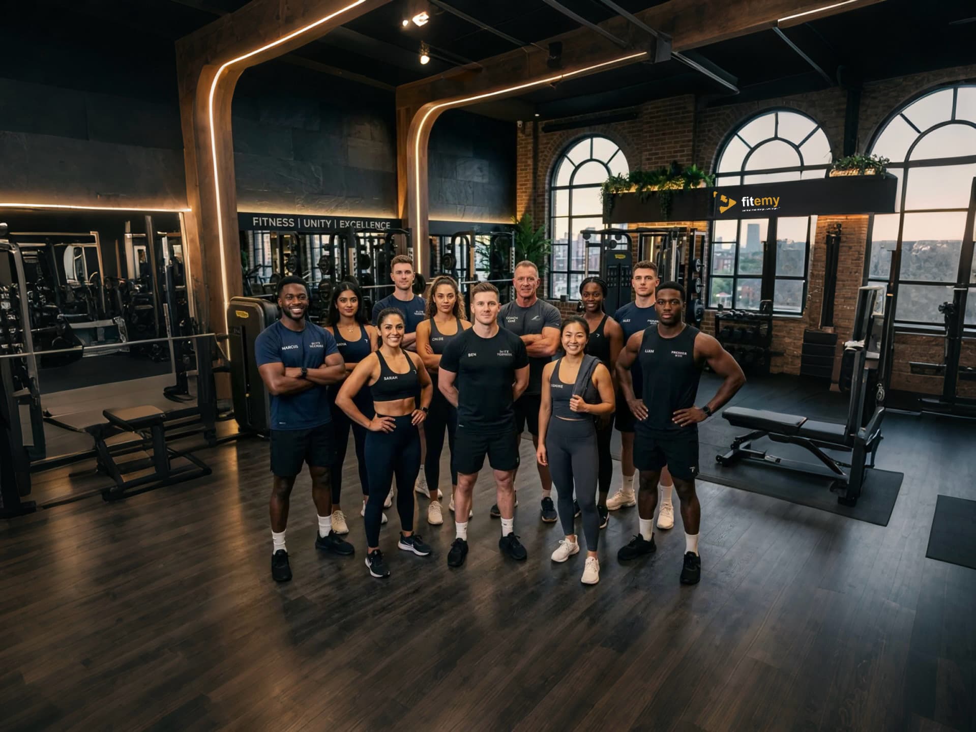 A diverse team of fitness professionals together in a modern gym