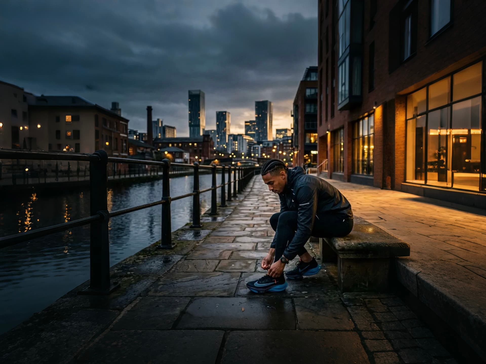 A runner preparing beside a Manchester canal at dusk